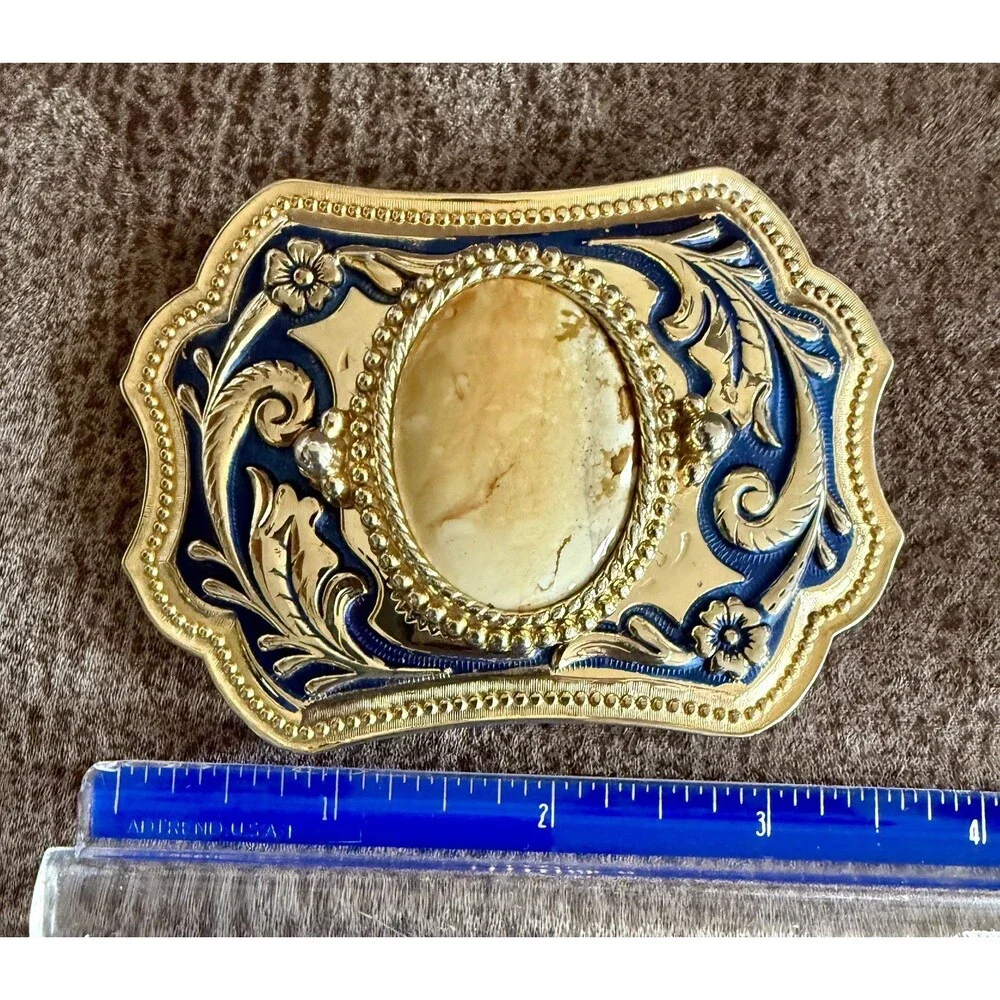Belt BUCKLE Polished Agate Stone Western Gold Blue Scroll Brass 1970’s Vintage